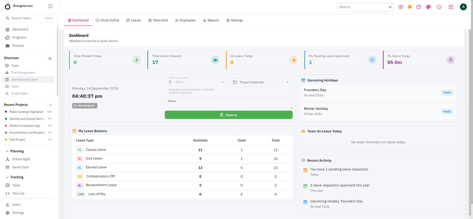 Attendance dashboard with clock-in, leave balances by type, upcoming holidays and pending approvals