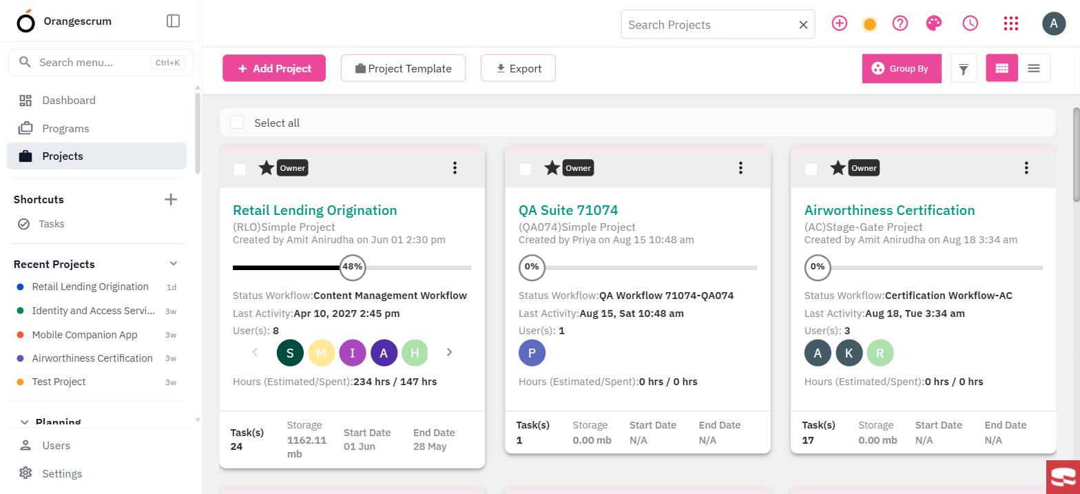 Each project runs the status workflow assigned to it, shown on the project card