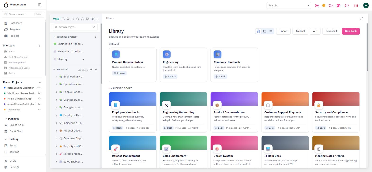 Wiki library: shelves of books for product, engineering and company documentation