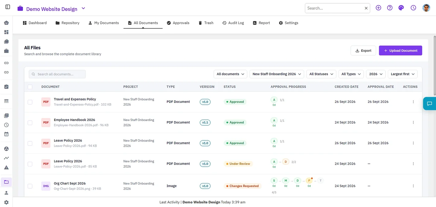 Orangescrum document management, all documents list with approval status